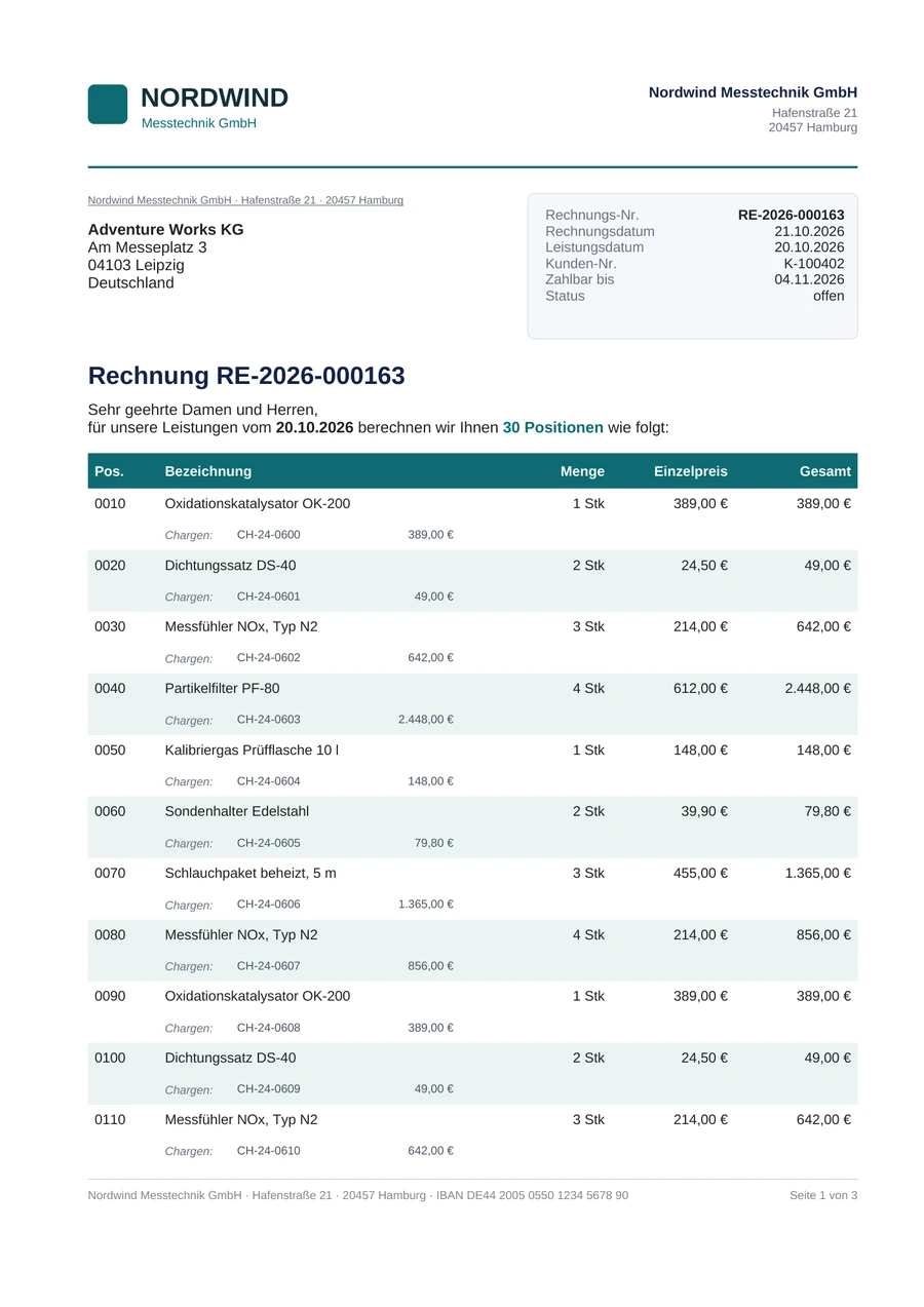 Erste von drei Seiten der Rechnung RE-2026-000163 an die Adventure Works KG mit 30 Positionen.