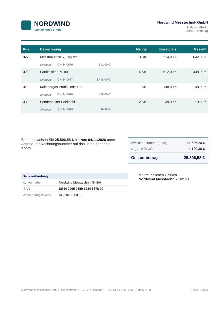 Seite 3: letzte Positionen, Summenblock und Bankverbindung.