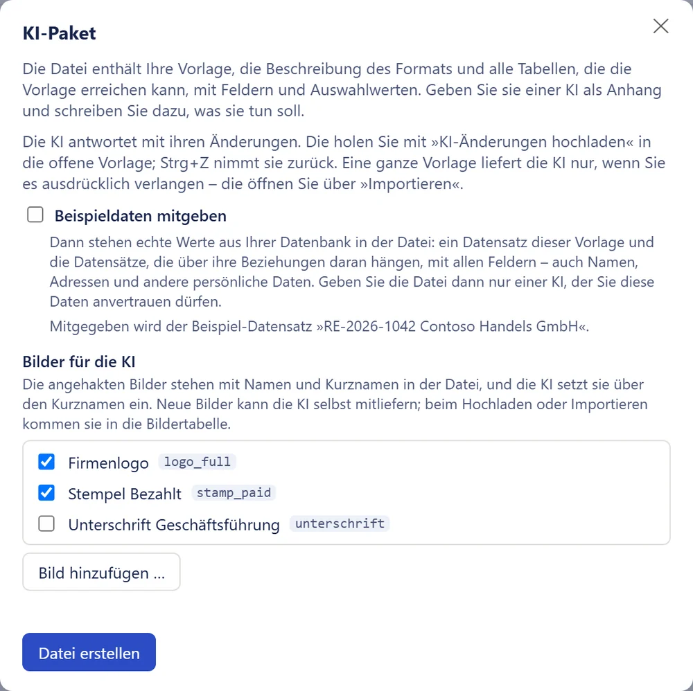 Das Fenster »KI-Paket«: Beschreibung der Datei, der Haken »Beispieldaten mitgeben«, die Bilder für die KI mit Kurznamen und der Knopf »Datei erstellen«.