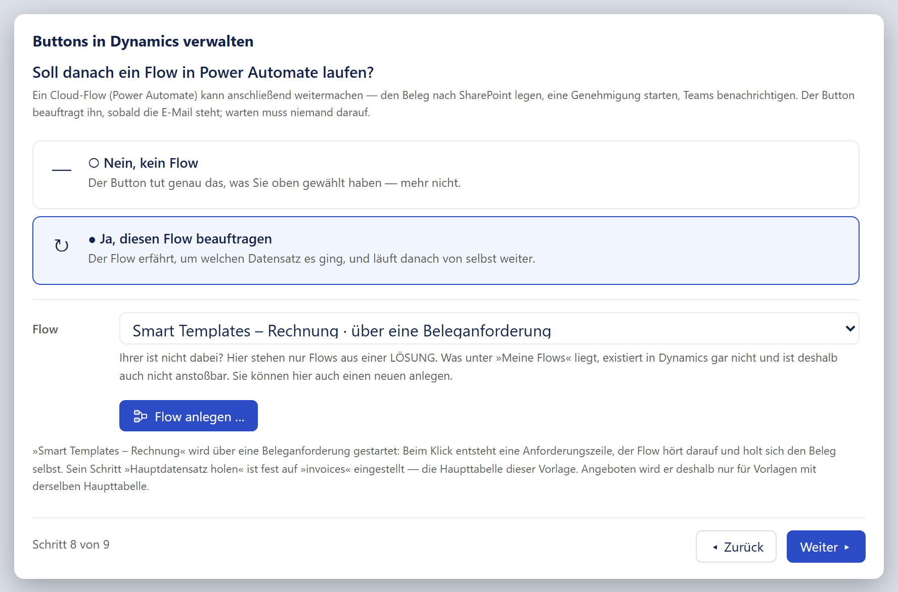 Das Fenster »Buttons in Dynamics verwalten« im Schritt »Soll danach ein Flow in Power Automate laufen?«. Unter dem Erklärtext stehen zwei Karten: »Nein, kein Flow« mit einem Strich als Symbol (nicht gewählt) und »Ja, diesen Flow beauftragen« mit einem Kreispfeil (gewählt, blauer Rahmen). Nach einer Trennlinie steht links die Beschriftung »Flow« und daneben eine Auswahlliste mit dem gewählten Eintrag »Smart Templates – Rechnung · über eine Beleganforderung«. Darunter ein grauer Hinweis, der mit »Ihrer ist nicht dabei?« beginnt und sagt, dass hier nur Flows aus einer Lösung stehen, darunter der blaue Knopf »Flow anlegen …« mit einem Ablaufsymbol. Unter dem Knopf erklärt ein grauer Absatz, dass »Smart Templates – Rechnung« über eine Beleganforderung gestartet wird und sein Schritt »Hauptdatensatz holen« fest auf »invoices« eingestellt ist. Die Fußleiste zeigt »Schritt 8 von 9«, »Zurück« und ein blaues »Weiter ▸«.