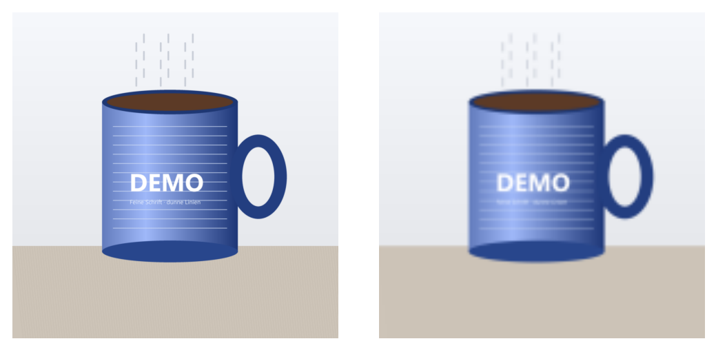 Ausschnitt einer PDF-Seite mit zwei gleich großen quadratischen Bildern nebeneinander, beide zeigen dasselbe gezeichnete Beispielbild: eine blaue Tasse mit dem weißen Wort DEMO, feinen hellen Querlinien, einer kleinen Schrift darunter, Dampf darüber und einer Tischplatte unten. Das linke Bild ist scharf; die feinen Linien und die kleine Schrift sind deutlich zu erkennen. Das rechte Bild ist sichtbar weich und an den Kanten verwaschen; die kleine Schrift ist nicht mehr lesbar.