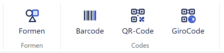 Ausschnitt aus dem Menüband. Links der Knopf »Formen« mit dem Abschnittsnamen »Formen« darunter. Rechts davon der Abschnitt »Codes« mit drei Knöpfen: »Barcode« mit einem Symbol aus senkrechten Strichen, »QR-Code« mit einem Symbol aus drei Eckquadraten und kleinen Punkten und »GiroCode« mit einem ähnlichen Symbol, in dessen unterer rechter Ecke ein blauer Kreis mit Euro-Zeichen sitzt. Darunter steht der Abschnittsname »Codes«.