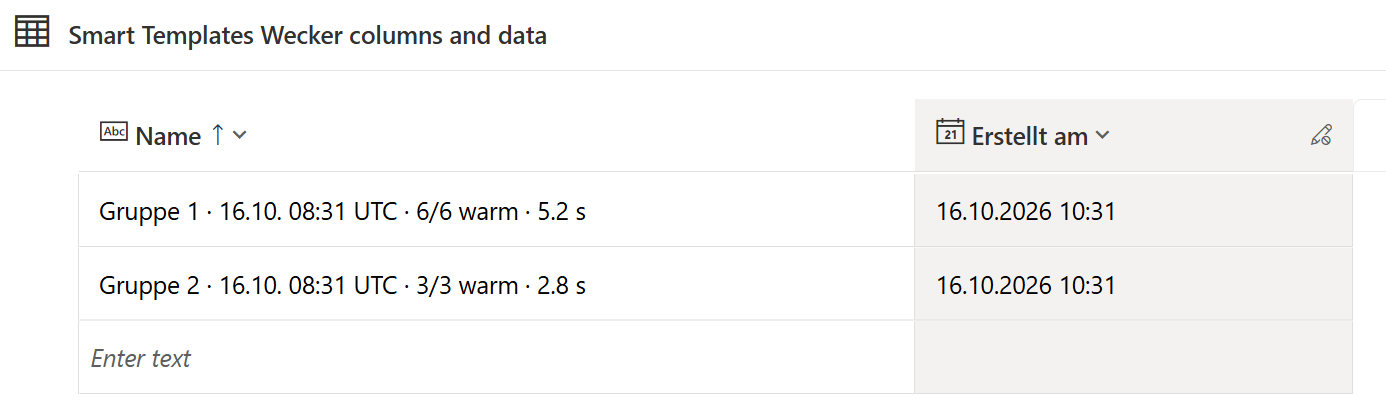 Ausschnitt der Tabelle »Smart Templates Wecker« in Power Apps, mit englischer Oberfläche. Über der Tabelle steht »Smart Templates Wecker columns and data«. Die Tabelle hat zwei Spalten: »Name« (aufsteigend sortiert) und »Erstellt am«. Die erste Zeile heißt »Gruppe 1 · 16.10. 08:31 UTC · 6/6 warm · 5.2 s« und hat als Erstellungszeit »16.10.2026 10:31«, die zweite heißt »Gruppe 2 · 16.10. 08:31 UTC · 3/3 warm · 2.8 s« und trägt dieselbe Zeit. Darunter folgt eine leere Zeile mit dem grauen Platzhalter »Enter text«.