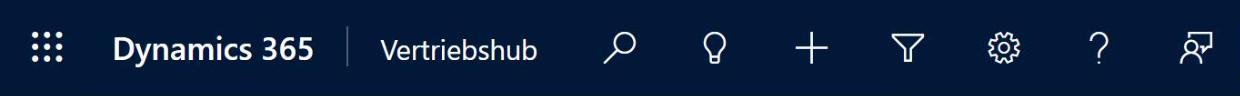 Die dunkle Kopfleiste von Dynamics: links das Symbol mit neun Punkten, »Dynamics 365« und daneben der Name der offenen App »Vertriebshub«, rechts Symbole für Suche, Hinweise, Neu, Filter, Einstellungen und Hilfe.
