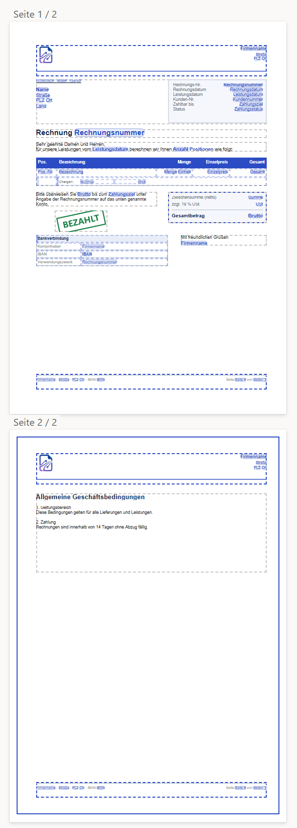 Verkleinerte Entwurfsfläche mit zwei weißen Blättern untereinander, beschriftet »Seite 1 / 2« und »Seite 2 / 2«. Blatt 1 trägt den Rechnungsinhalt mit Kopf- und Fußzeile, aber keinen Rahmen. Blatt 2 trägt die Überschrift »Allgemeine Geschäftsbedingungen« mit Kopf- und Fußzeile und ist von einem durchgehenden blauen Rahmen umgeben, der in einigem Abstand zur Blattkante verläuft.