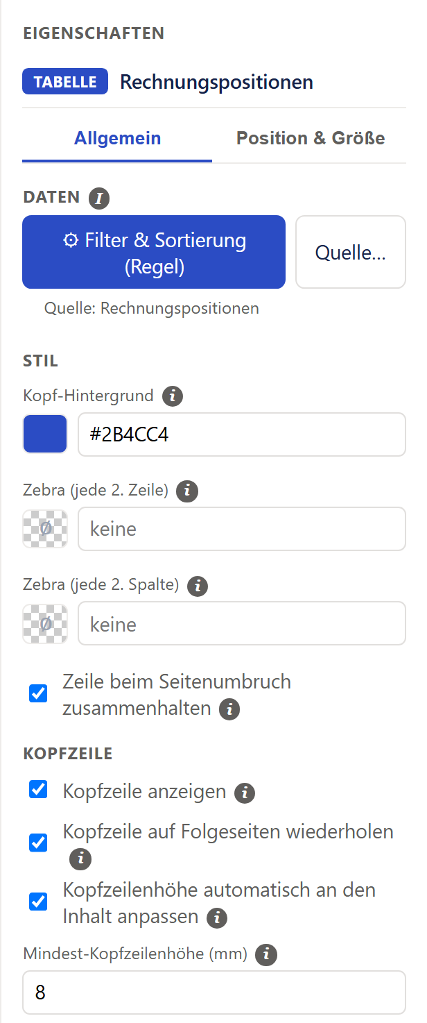 Der Eigenschaften-Bereich rechts, obere Hälfte, bei markierter Datentabelle. Ganz oben die Überschrift »EIGENSCHAFTEN«, darunter ein blaues Schild »TABELLE« mit dem Namen »Rechnungspositionen«. Darunter zwei Reiter: »Allgemein« (aktiv, blau, unterstrichen) und »Position & Größe«. Abschnitt »DATEN« mit ⓘ: ein breiter blauer Knopf »Filter & Sortierung (Regel)« mit Zahnrad und daneben ein weißer Knopf »Quelle…«, darunter klein »Quelle: Rechnungspositionen«. Abschnitt »STIL«: »Kopf-Hintergrund« mit blauem Farbfeld und dem Wert #2B4CC4; »Zebra (jede 2. Zeile)« und »Zebra (jede 2. Spalte)« mit je einem leeren, schachbrettartigen Farbfeld und dem Text »keine«; ein angehakter Haken »Zeile beim Seitenumbruch zusammenhalten«. Abschnitt »KOPFZEILE«: angehakt »Kopfzeile anzeigen«, »Kopfzeile auf Folgeseiten wiederholen« und »Kopfzeilenhöhe automatisch an den Inhalt anpassen«, darunter das Feld »Mindest-Kopfzeilenhöhe (mm)« mit dem Wert 8.