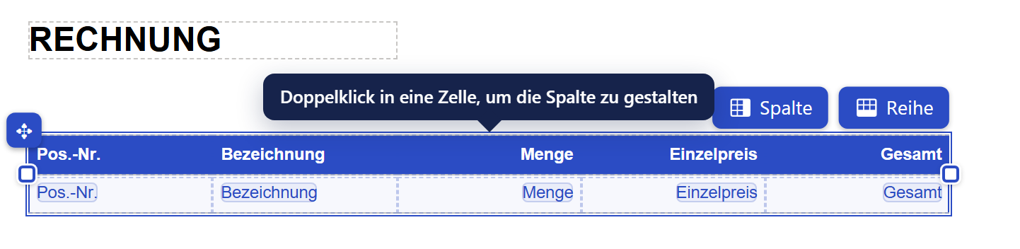 Ausschnitt der Entwurfsfläche. Links oben steht die Überschrift »RECHNUNG« in großer fetter Schrift. Darunter liegt eine Tabelle mit blauer Kopfzeile (weiß: Pos.-Nr., Bezeichnung, Menge, Einzelpreis, Gesamt; Menge, Einzelpreis und Gesamt rechtsbündig) und einer einzigen weißen Musterzeile mit gestrichelten Zellgrenzen, in der jedes Feld als blau hinterlegte Marke mit seinem Namen steht (Pos.-Nr., Bezeichnung, Menge, Einzelpreis, Gesamt). Um die Tabelle liegt ein blauer Rahmen mit je einem quadratischen Griff links und rechts. Links über der Tabelle sitzt ein blauer Knopf mit einem Kreuz aus vier Pfeilen. Über der rechten oberen Ecke stehen zwei blaue Knöpfe »Spalte« und »Reihe«. Über der Tabellenmitte zeigt eine dunkelblaue Sprechblase »Doppelklick in eine Zelle, um die Spalte zu gestalten« mit dem Pfeil nach unten auf die Tabelle.