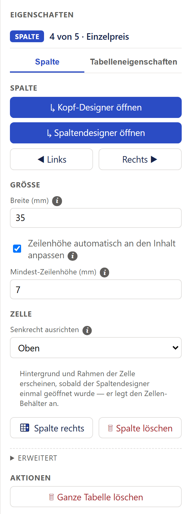 Der Eigenschaften-Bereich rechts bei markierter Spalte einer Datentabelle. Oben das blaue Schild »SPALTE« mit »4 von 5 · Einzelpreis«, darunter die Reiter »Spalte« (aktiv) und »Tabelleneigenschaften«. Abschnitt »SPALTE«: zwei breite blaue Knöpfe »↳ Kopf-Designer öffnen« und »↳ Spaltendesigner öffnen« und darunter nebeneinander »◀ Links« und »Rechts ▶«. Abschnitt »GRÖSSE«: Feld »Breite (mm)« mit 35, angehakt »Zeilenhöhe automatisch an den Inhalt anpassen« und Feld »Mindest-Zeilenhöhe (mm)« mit 7. Abschnitt »ZELLE«: die Auswahl »Senkrecht ausrichten« mit »Oben« und ein grauer Hinweis, dass Hintergrund und Rahmen der Zelle erst erscheinen, wenn der Spaltendesigner einmal geöffnet wurde. Darunter die weißen Knöpfe »Spalte rechts« und »Spalte löschen«, dieser in roter Schrift mit Papierkorb-Symbol, eine zugeklappte Zeile »ERWEITERT« und im Abschnitt »AKTIONEN« der Knopf »Ganze Tabelle löschen«, ebenfalls in roter Schrift mit Papierkorb-Symbol.