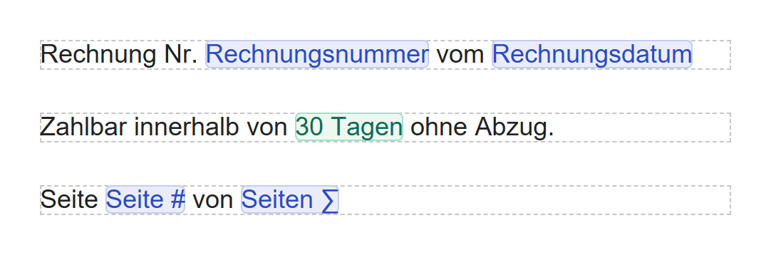 Ausschnitt der Entwurfsfläche mit drei Textzeilen untereinander auf weißem Blatt, jede in einem gestrichelten Rahmen. Erste Zeile: »Rechnung Nr.«, eine blau hinterlegte Marke »Rechnungsnummer«, »vom« und eine blaue Marke »Rechnungsdatum«. Zweite Zeile: »Zahlbar innerhalb von«, eine grün hinterlegte Pille »30 Tagen« und »ohne Abzug.«. Dritte Zeile: »Seite«, eine blaue Marke »Seite #«, »von« und eine blaue Marke »Seiten ∑«. Überall stehen die Namen der Felder, keine Werte.