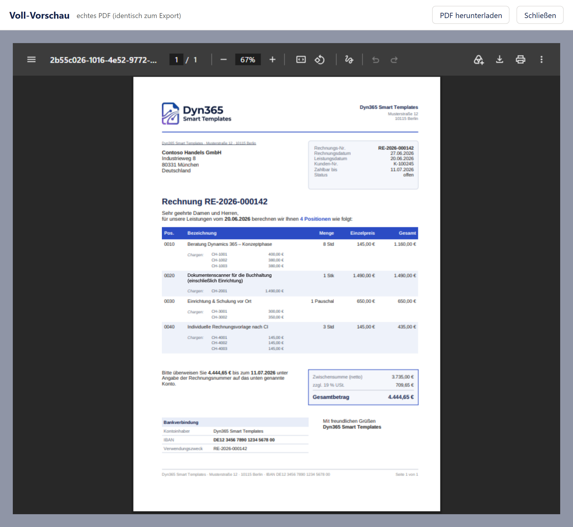 Die Voll-Vorschau über dem Designer: oben eine weiße Leiste mit dem Titel »Voll-Vorschau« und rechts den Knöpfen »PDF herunterladen« und »Schließen«, darunter der Beleg als PDF im Betrachter des Browsers, eine ganze Seite einer Rechnung mit den Werten des Beispiel-Datensatzes.