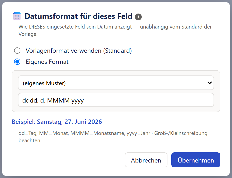 Das Fenster »Datumsformat für dieses Feld« mit einem Kalendersymbol vor dem Titel und einem »i«-Symbol dahinter. Unter dem Titel ein grauer Satz: »Wie DIESES eingesetzte Feld sein Datum anzeigt — unabhängig vom Standard der Vorlage.« Zwei Optionsknöpfe untereinander: »Vorlagenformat verwenden (Standard)« und »Eigenes Format« (gewählt). Darunter ein heller Kasten mit der Auswahl »(eigenes Muster)« und einem Eingabefeld mit »dddd, d. MMMM yyyy«. Danach in blauer Fettschrift »Beispiel: Samstag, 27. Juni 2026« und grau »dd=Tag, MM=Monat, MMMM=Monatsname, yyyy=Jahr · Groß-/Kleinschreibung beachten.« Unten rechts »Abbrechen« und der blaue Knopf »Übernehmen«.